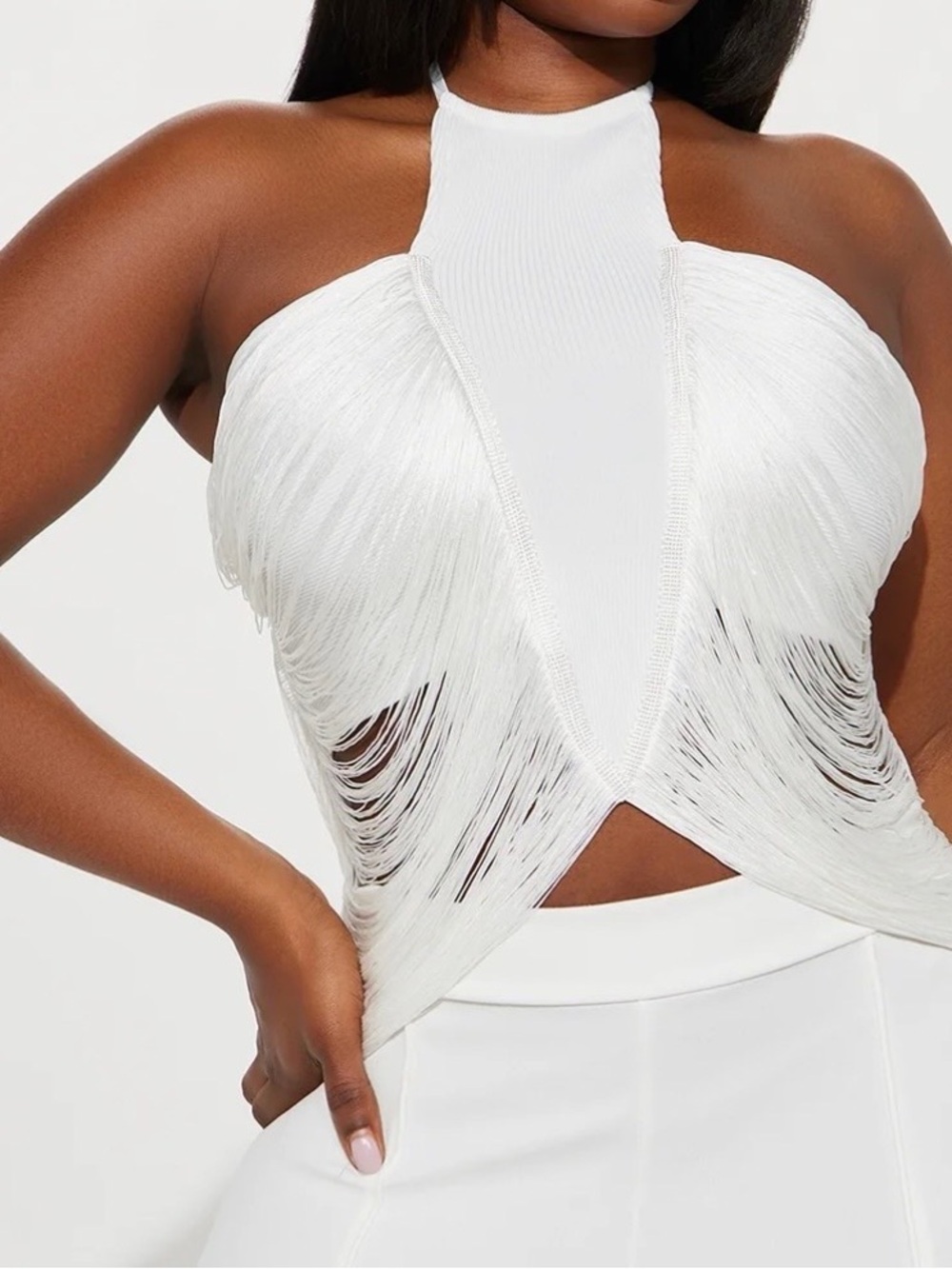 New Fashion Nova White Fringe Halter Crop Top Sz Med